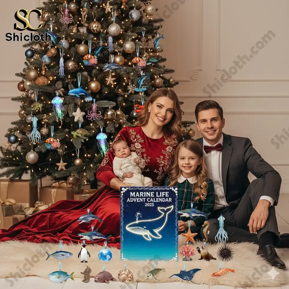 Family posing with Shicloth marine life advent calendar beside Christmas tree