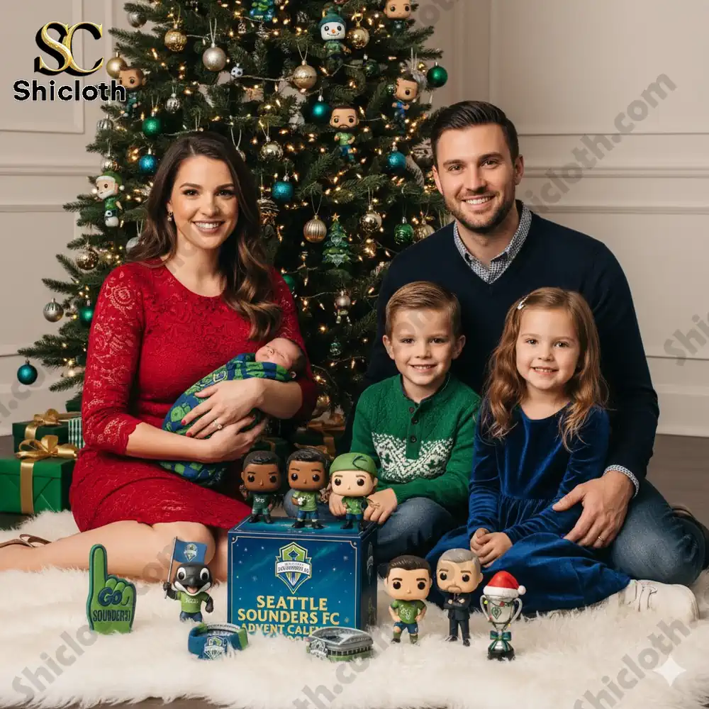 Family posing with Shicloth Seattle Sounders FC advent calendar beside Christmas tree