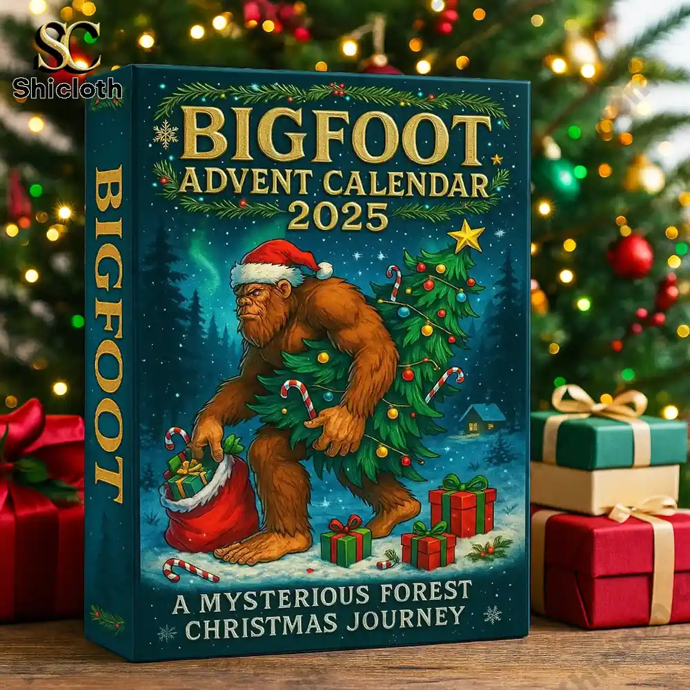 Bigfoot Adventure Calendar 2025 3 The Bigfoot Advent Calendar 2025 box placed in front of a Christmas tree with wrapped gifts.