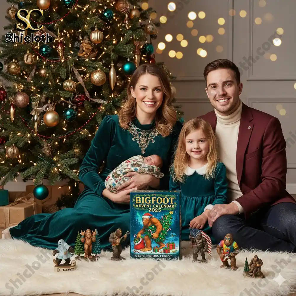 A smiling family with children sitting by a Christmas tree with the Bigfoot Advent Calendar 2025 and Bigfoot figurines on the floor.