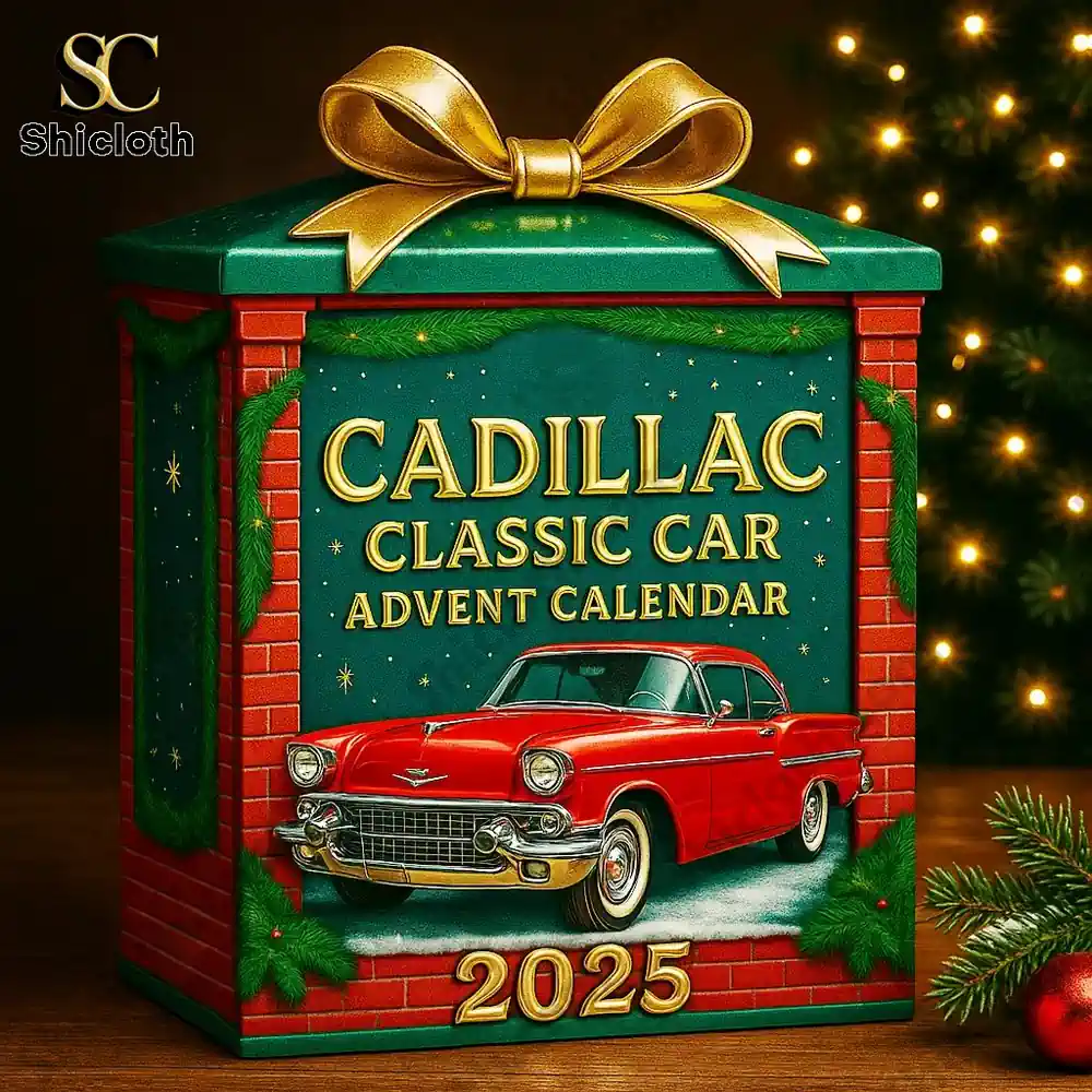 Cadillac 2025 Advent Calendar 3 Cadillac Classic Car Advent Calendar 2025 gift box by Christmas tree.