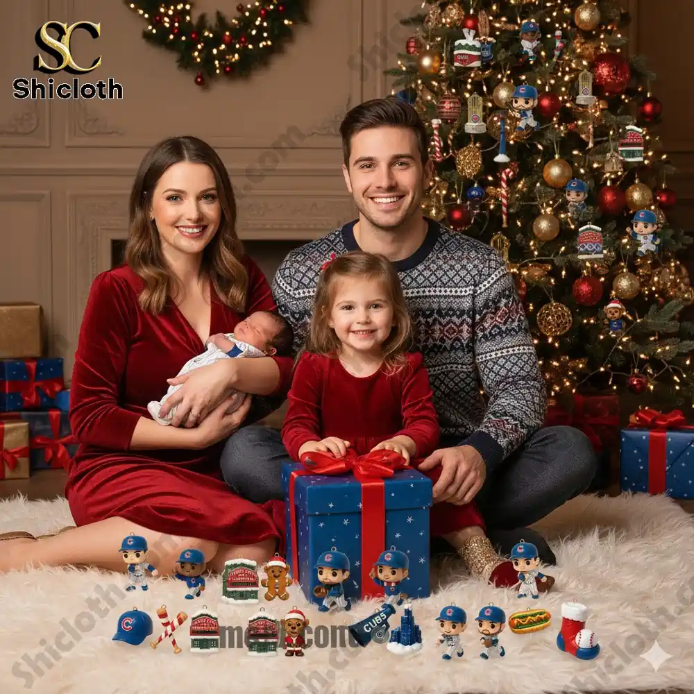 Family celebrating Christmas with Chicago Cubs Advent Calendar 2025 and collectible figures!