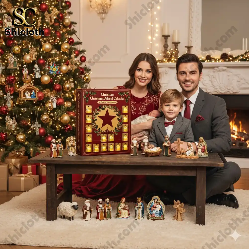 A family sitting by a Christmas tree with a Christian Advent calendar and nativity figurines.