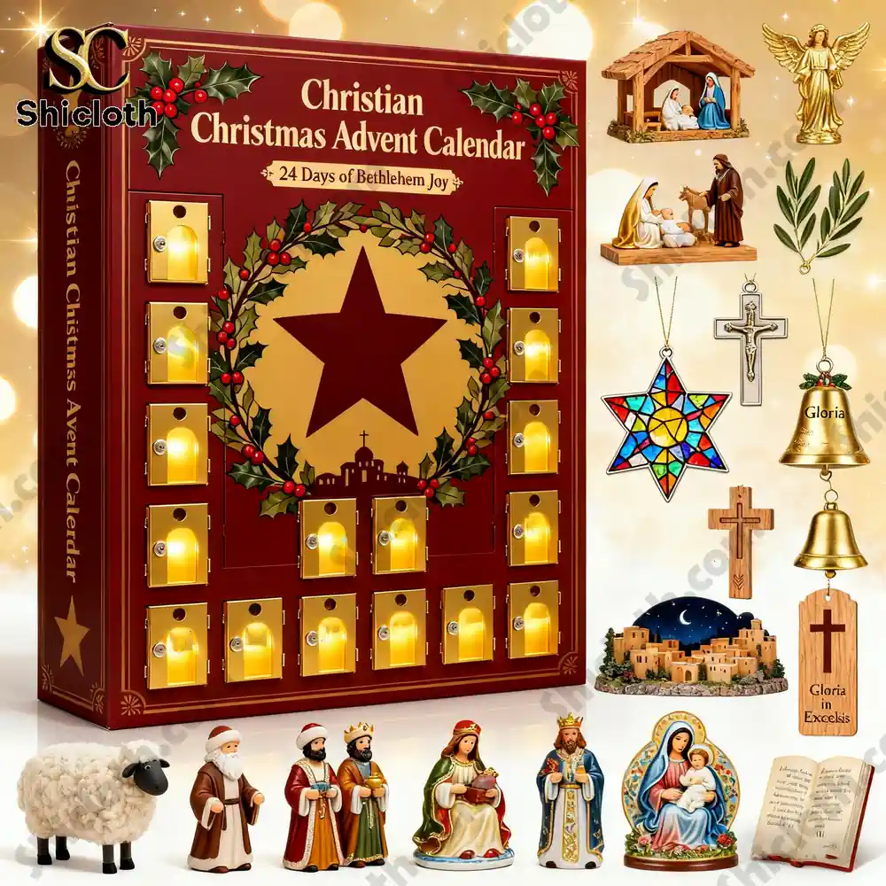 A Christian Advent calendar with 24 doors and nativity figurines and ornaments.