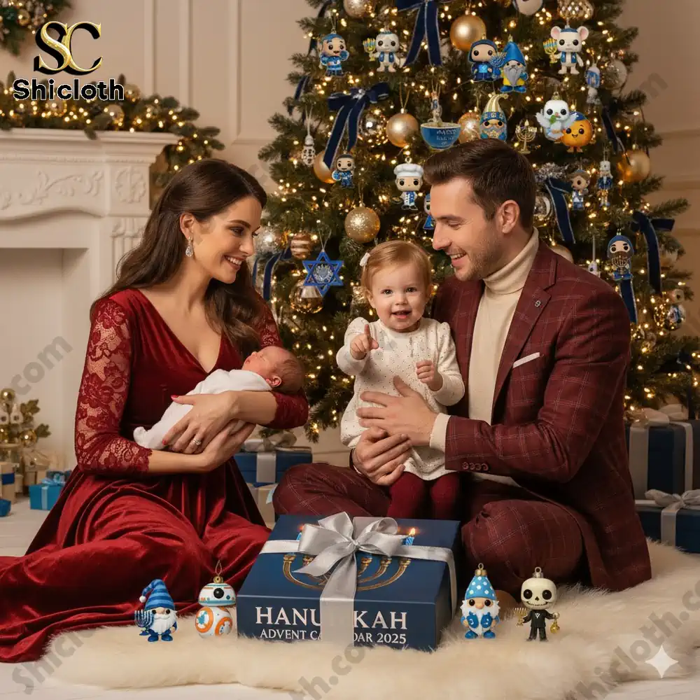 Family celebrating Hanukkah with Shicloth Advent Calendar 2025 by Christmas tree!