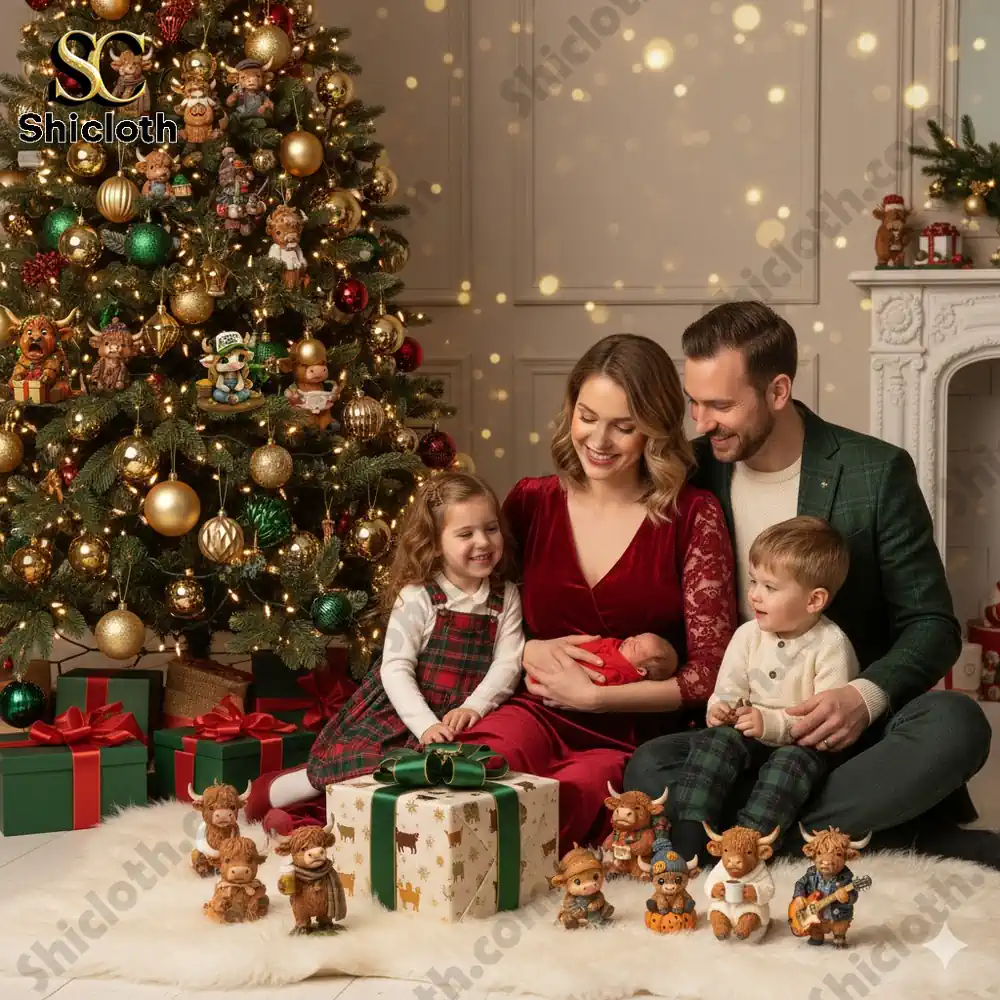 Family sitting by Christmas tree with Shicloth Highland Cow Advent Calendar 2025 figures!