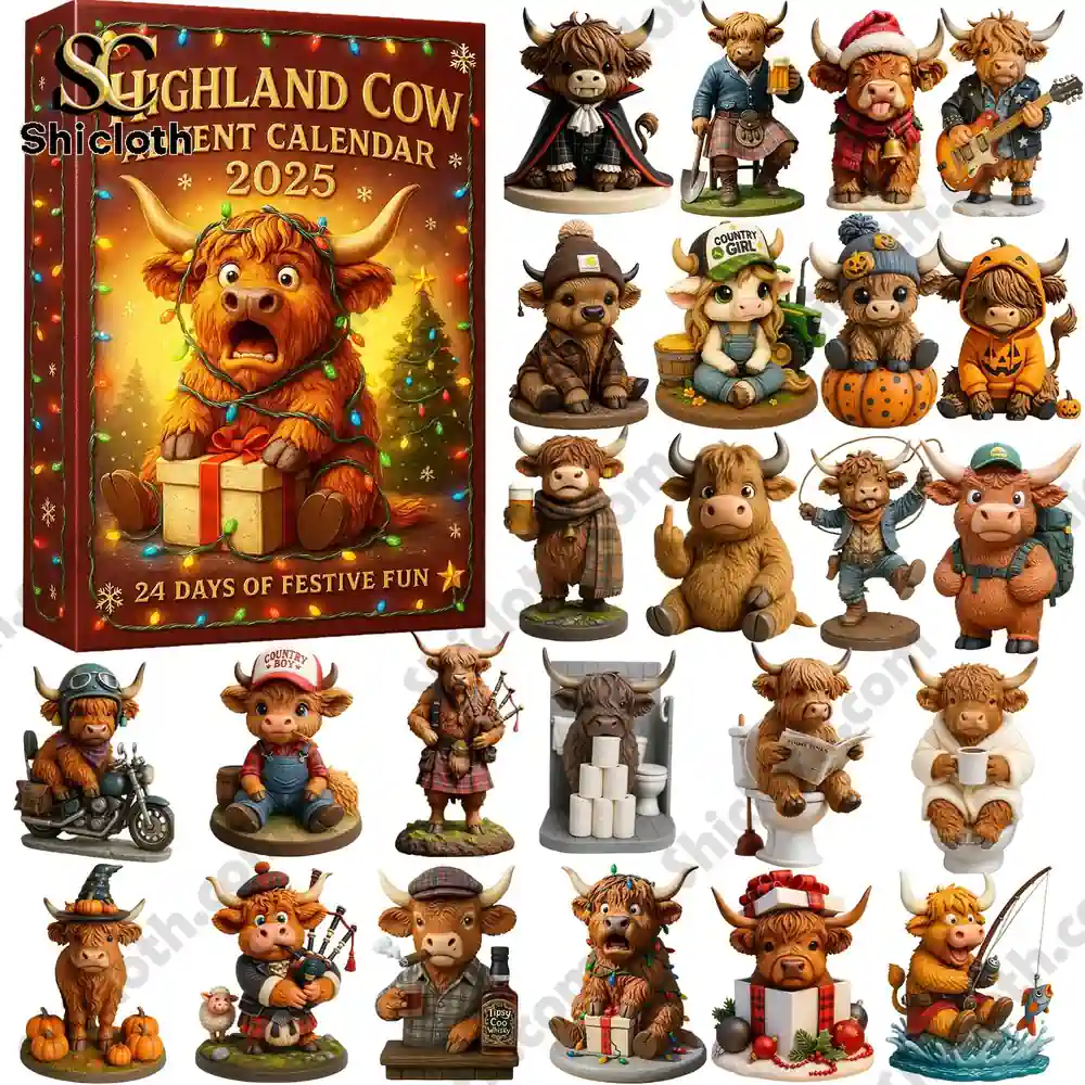 Complete Highland Cow Advent Calendar 2025 set with multiple cow figures from Shicloth!