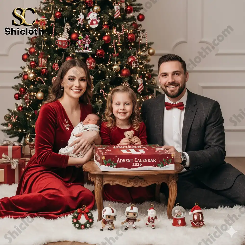 A family poses by a Christmas tree with an Indiana Hoosiers Advent Calendar 2025 box and themed ornaments.