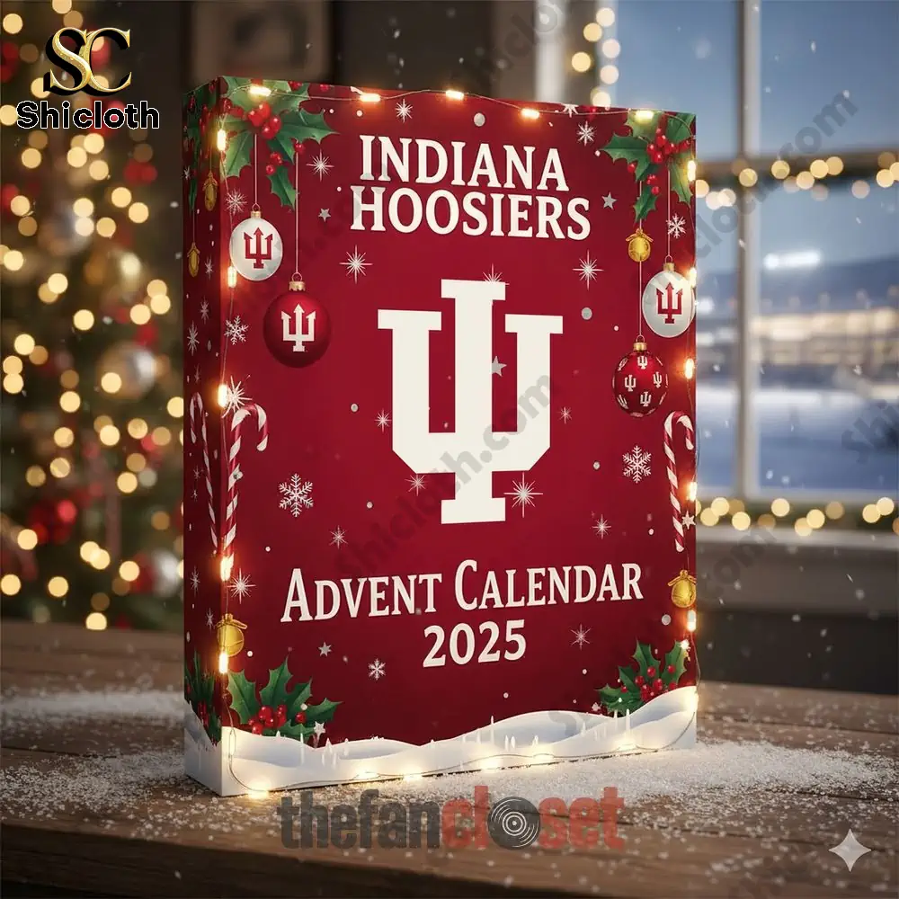 A decorated Indiana Hoosiers Advent Calendar 2025 box with holiday lights.