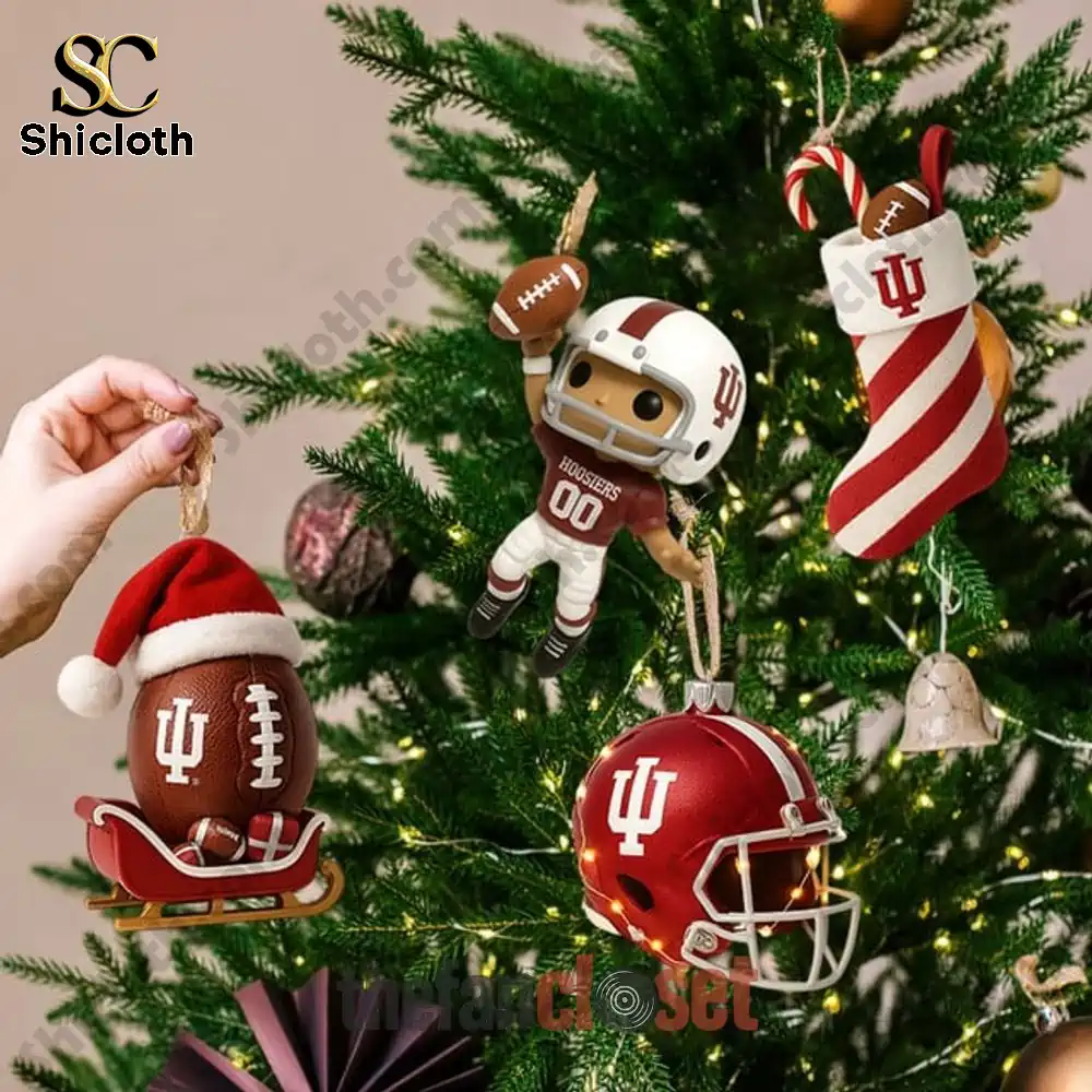 New Indiana Hoosiers Christmas 2025 Advent Calendar 3 Indiana Hoosiers themed Christmas tree ornaments including helmet, football, and player figure.