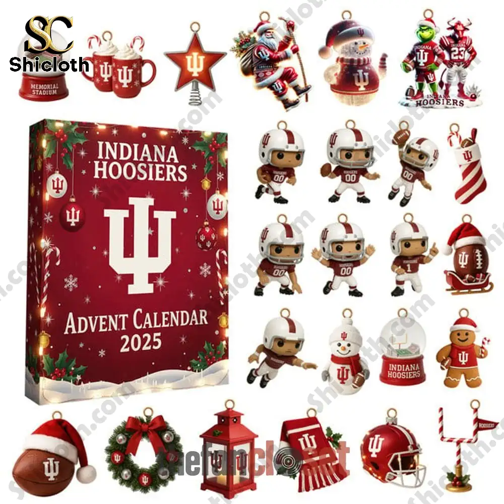 New Indiana Hoosiers Christmas 2025 Advent Calendar 4 A complete Indiana Hoosiers Advent Calendar 2025 set with ornaments and decorations.