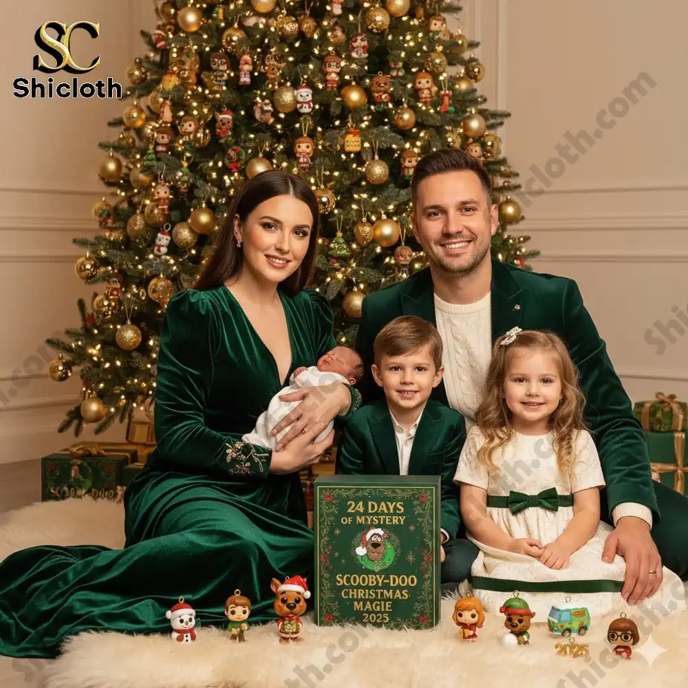 A family poses in front of a Christmas tree with the Scooby Doo Advent Calendar 2025 and collectible ornaments.