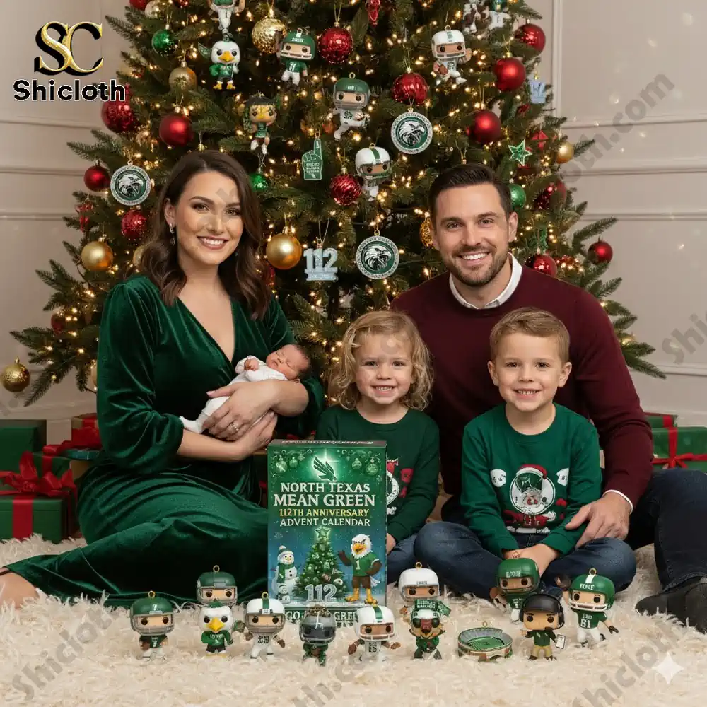 Family sitting by Christmas tree with North Texas Mean Green 112th Anniversary Advent Calendar 2025 and collectible figures!