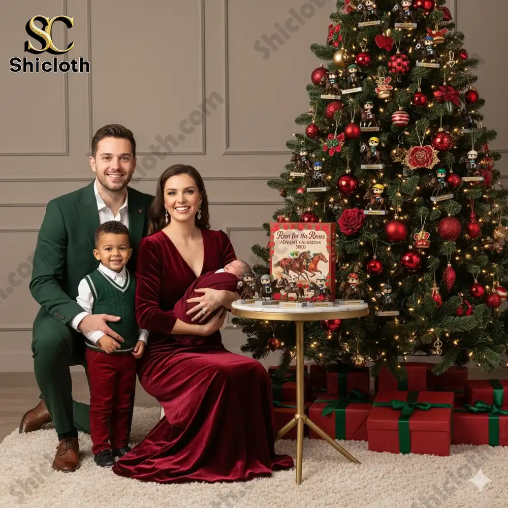 Family posing by Christmas tree with Run for the Roses Advent Calendar 2025!