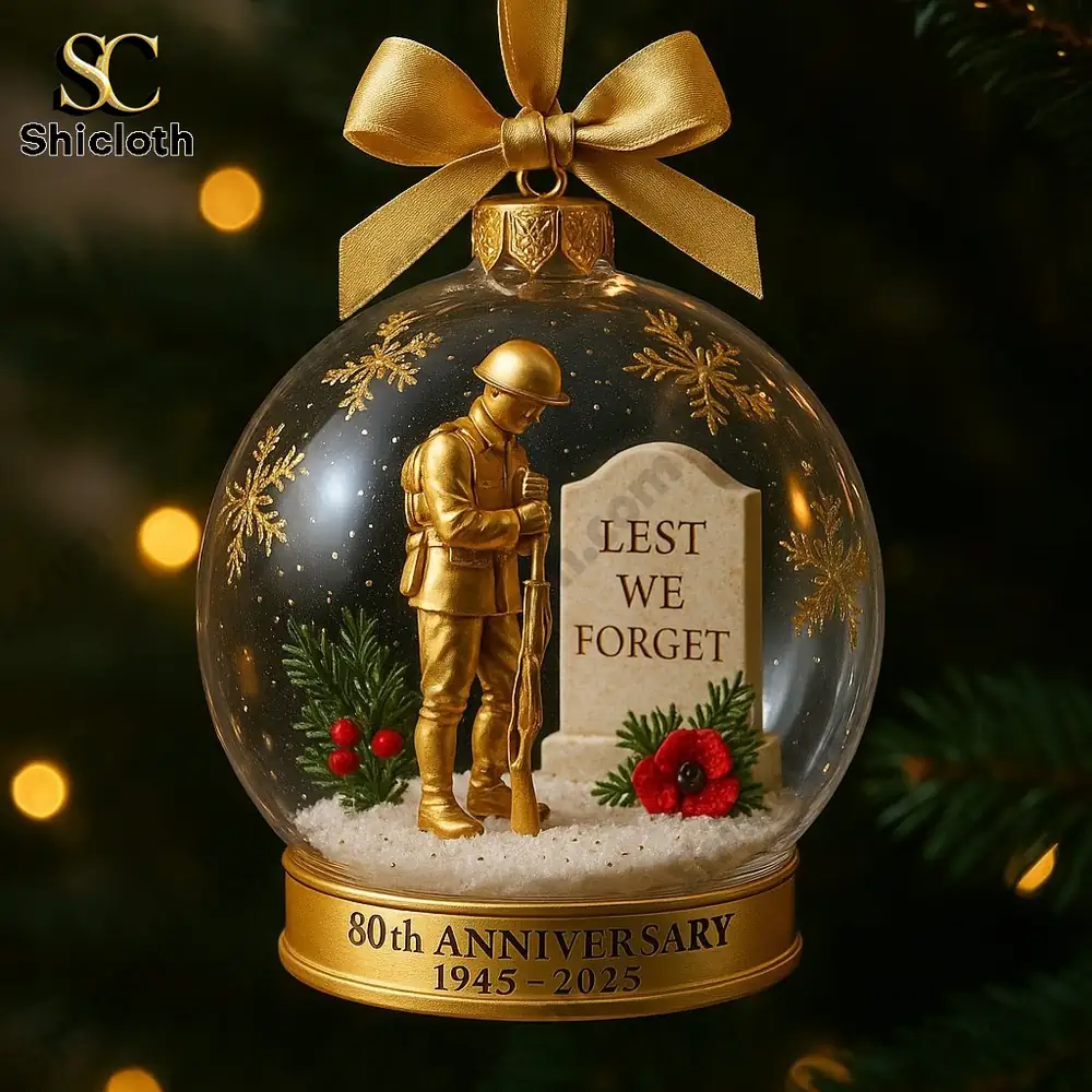 Golden soldier ornament with Lest We Forget design for VE Day 80th Anniversary!