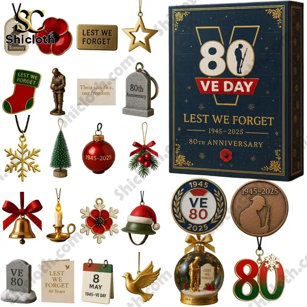VE Day Lest We Forget 80th Anniversary Commemorative Advent Calendar 4 Set of VE Day 80th Anniversary ornaments with Shicloth Advent Calendar box!