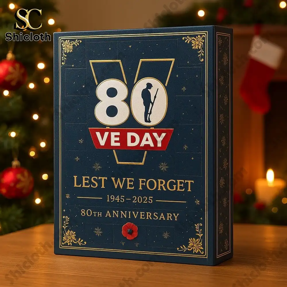 VE Day Lest We Forget 80th Anniversary Commemorative Advent Calendar 5 Shicloth VE Day 80th Anniversary Advent Calendar box on table!
