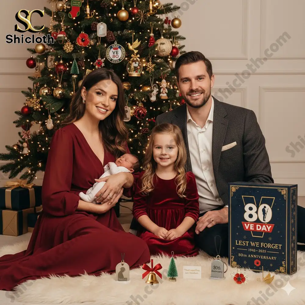 Family celebrating Christmas with Shicloth VE Day 80th Anniversary Advent Calendar 2025!