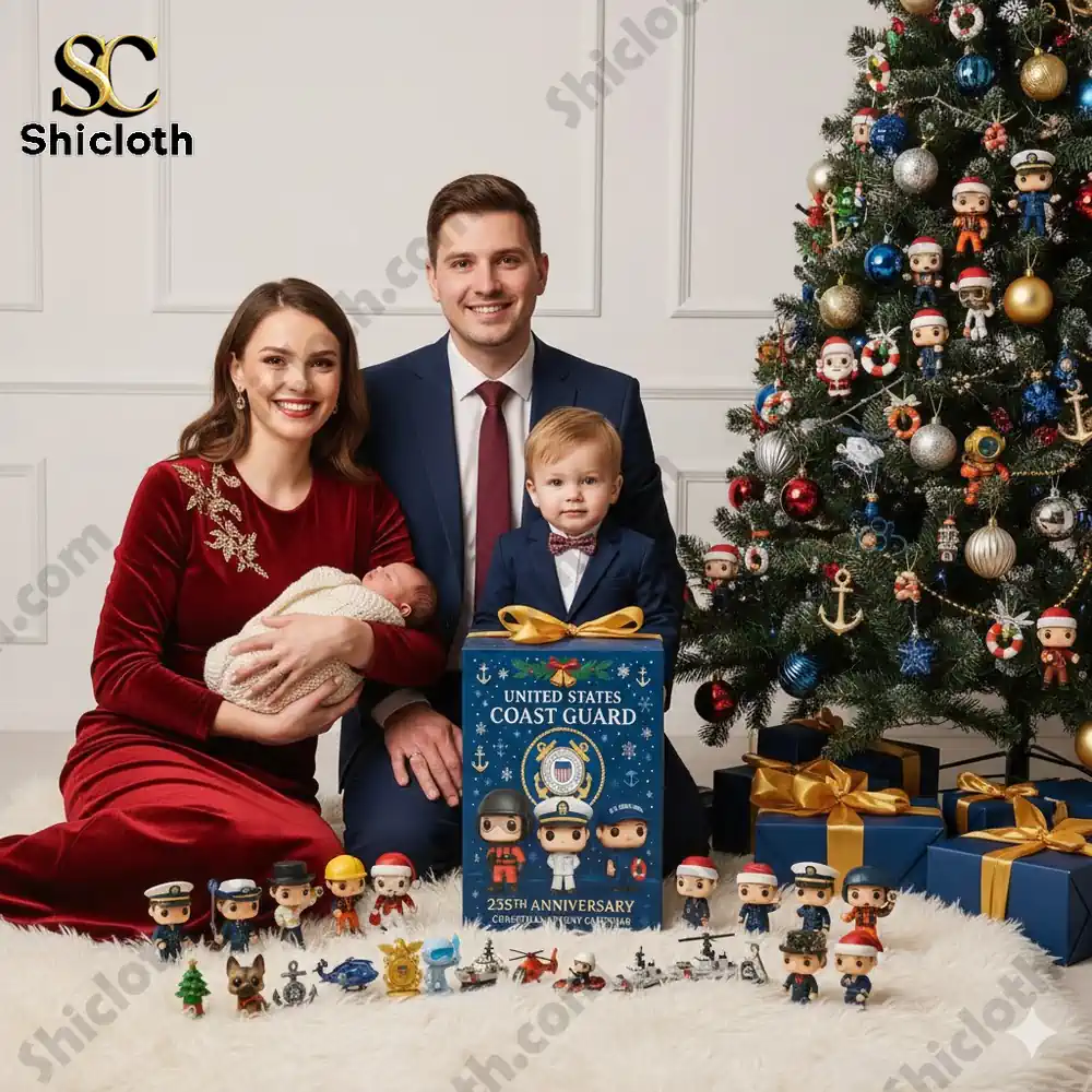 Family seated by a Christmas tree with a United States Coast Guard advent calendar box and collectible service themed figures displayed in front!