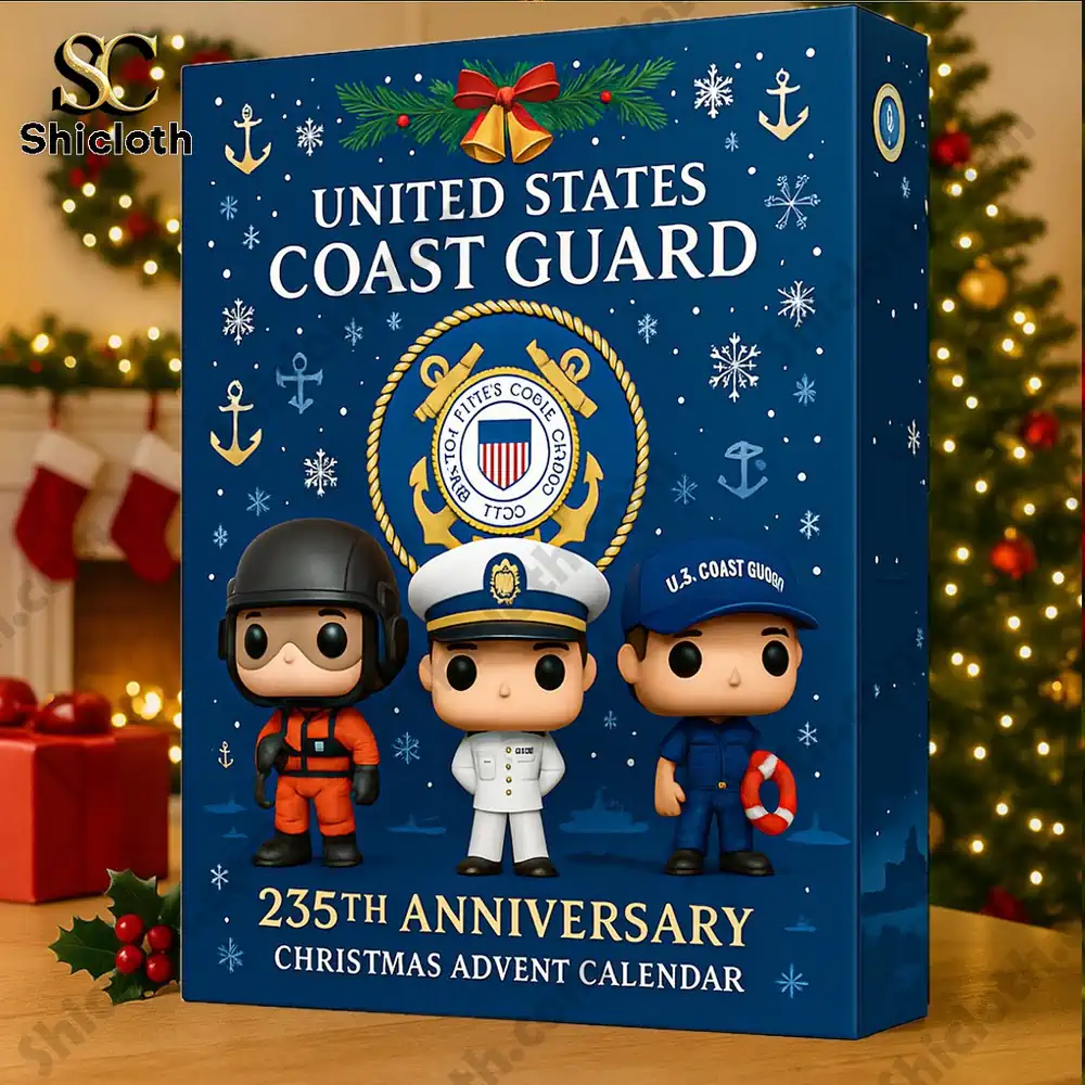Close up of a navy blue United States Coast Guard 235th Anniversary advent calendar box on a table in a holiday setting!