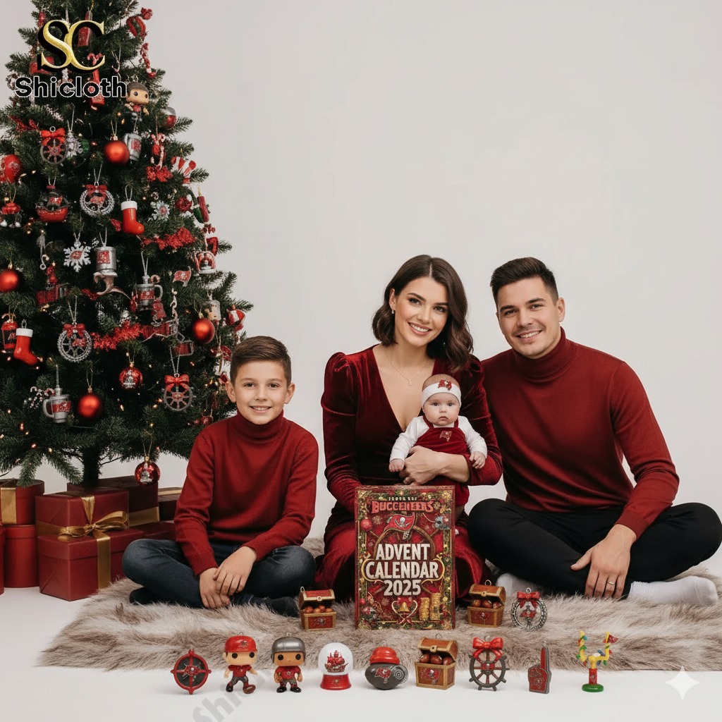 Family posing with Tampa Bay Buccaneers Advent Calendar 2025 by Shicloth beside Christmas tree
