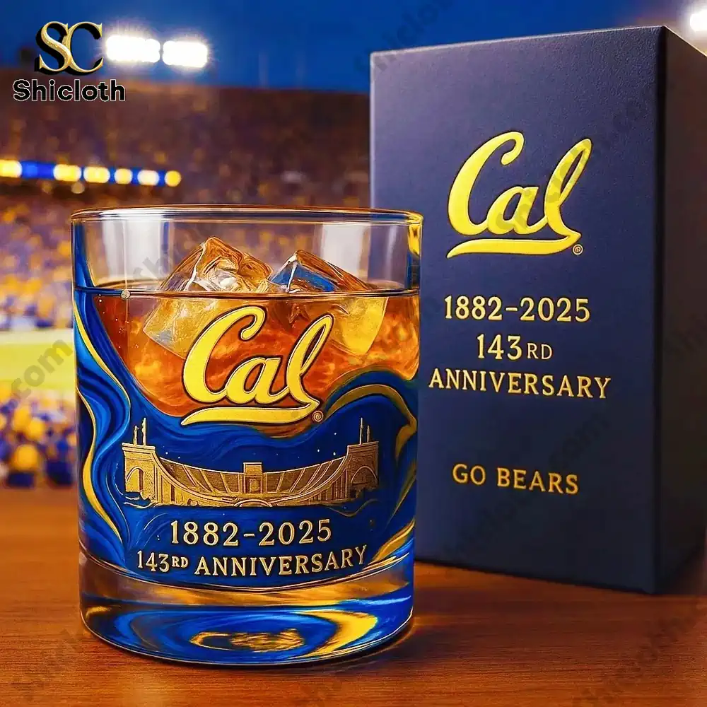 California Golden Bears 143rd Anniversary whiskey glass with logo and commemorative box.
