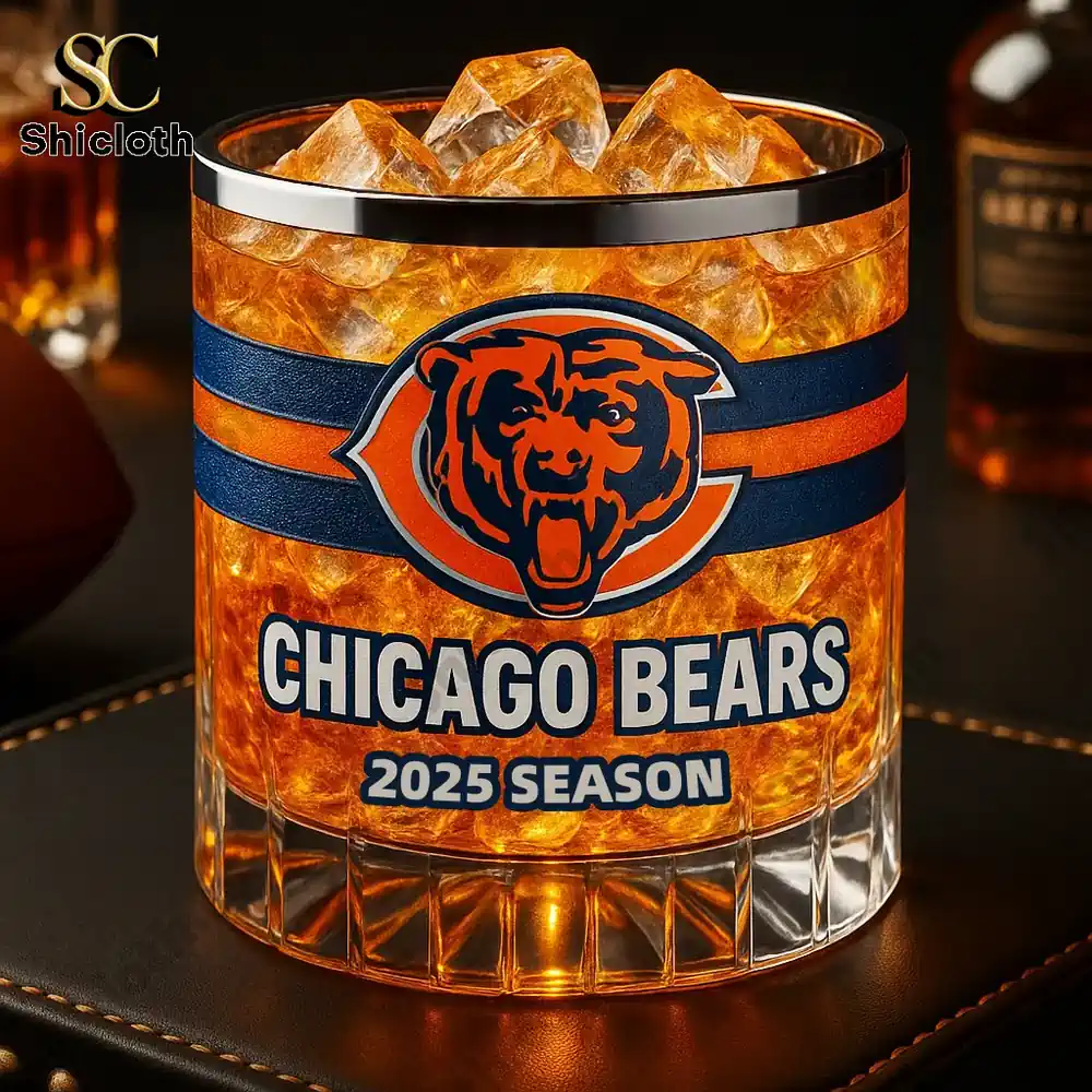 Chicago Bears 2025 season whiskey glass with team logo and bold design.