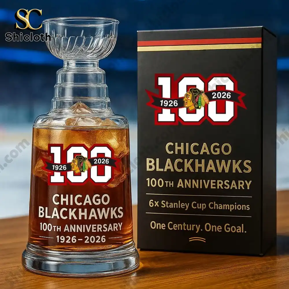 Chicago Blackhawks 100th anniversary whiskey glass and gift box from Shicloth.