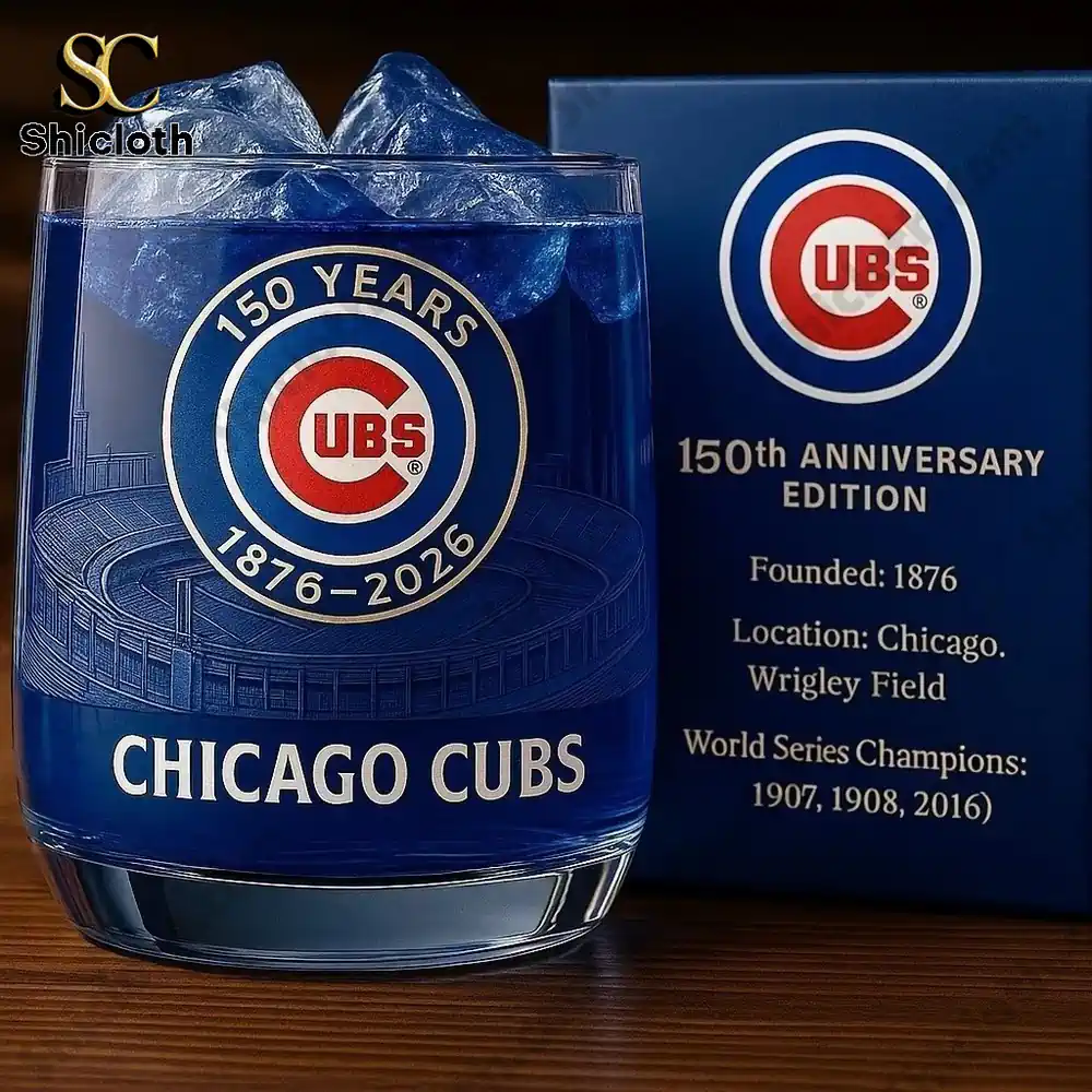Chicago Cubs 150th anniversary whiskey glass and gift box from Shicloth.