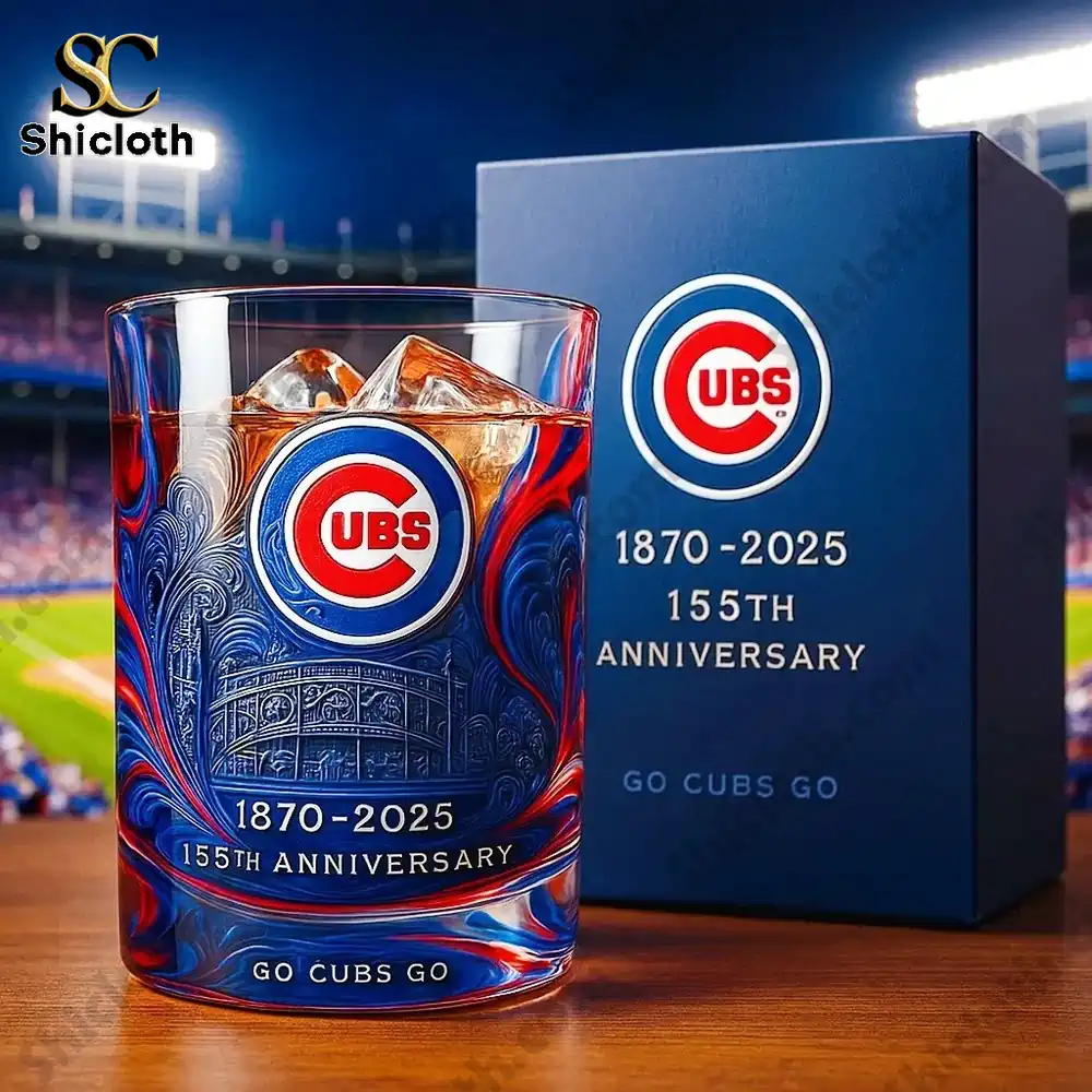 Chicago Cubs 155th anniversary whiskey glass and gift box from Shicloth.