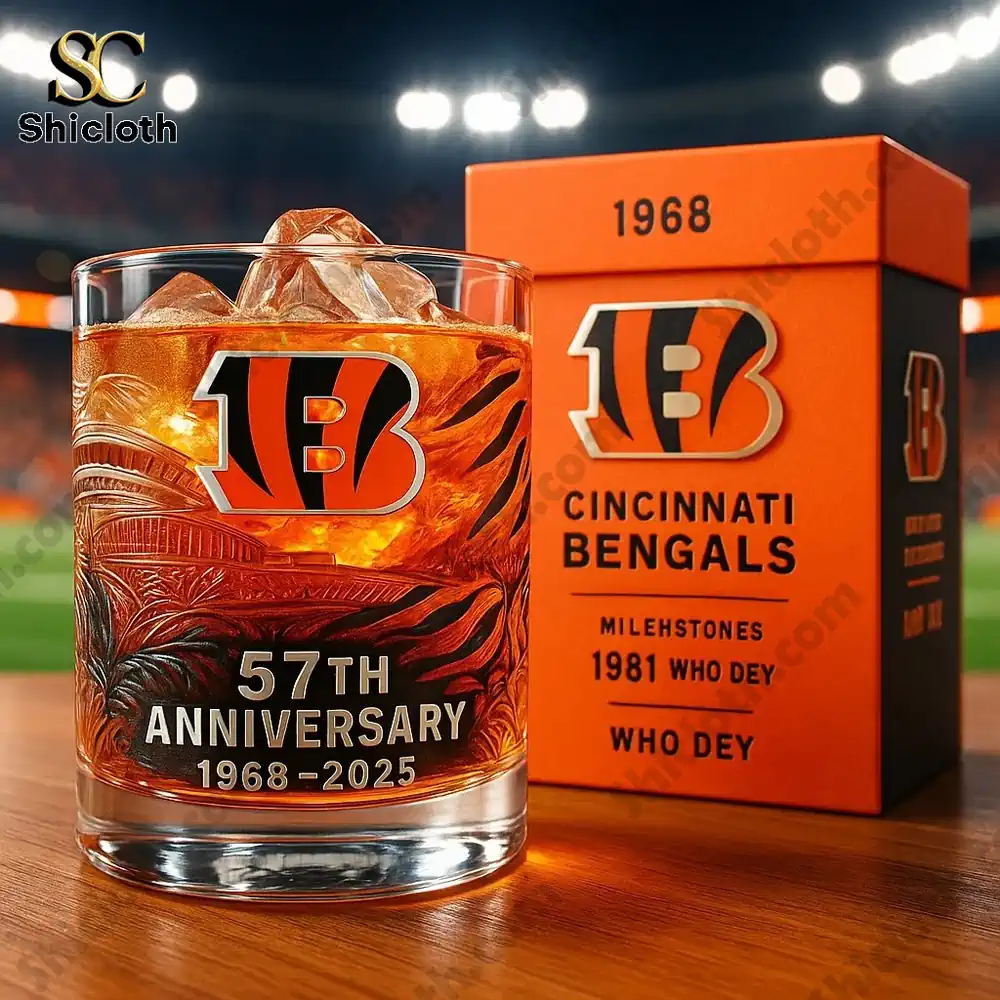 Cincinnati Bengals 57th anniversary whiskey glass and gift box from Shicloth.