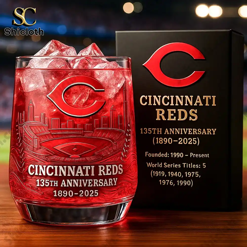 Cincinnati Reds 135th anniversary whiskey glass and gift box from Shicloth.