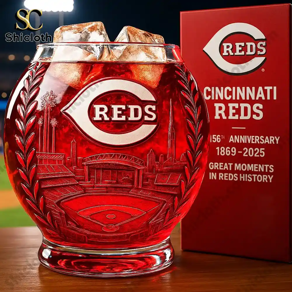 Cincinnati Reds 156th anniversary whiskey glass and gift box from Shicloth.