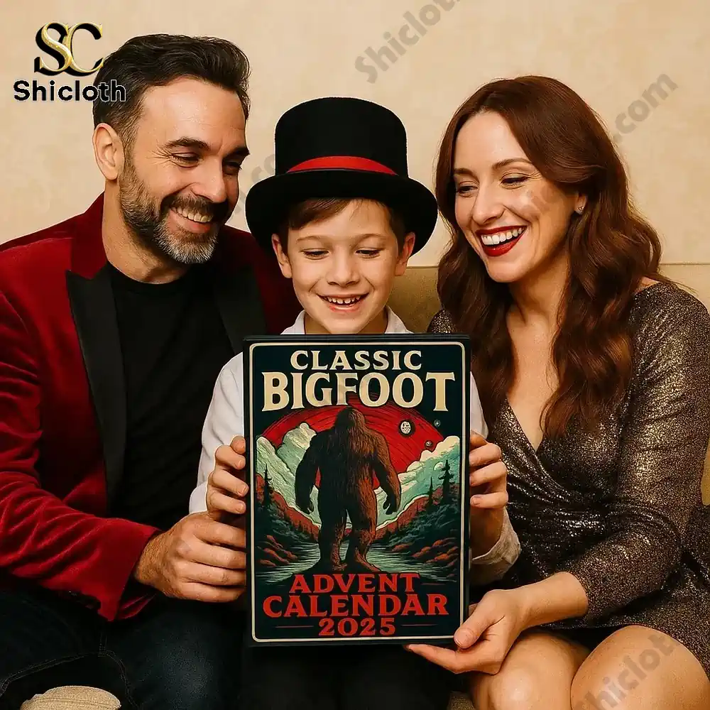 Family holding Classic Bigfoot Advent Calendar 2025 box and smiling together.