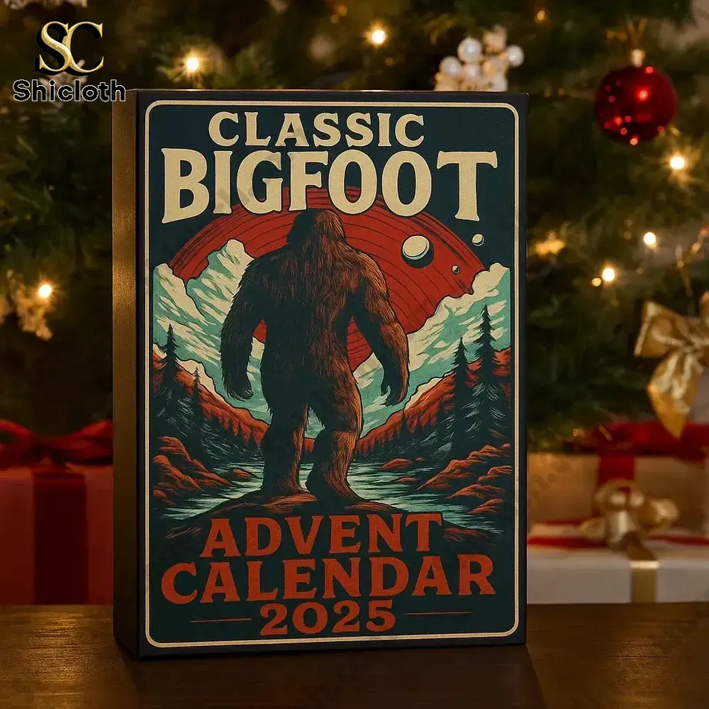 Classic Big Foot Advent Calendar 2025 3 Classic Bigfoot Advent Calendar 2025 box placed beside Christmas tree and presents.