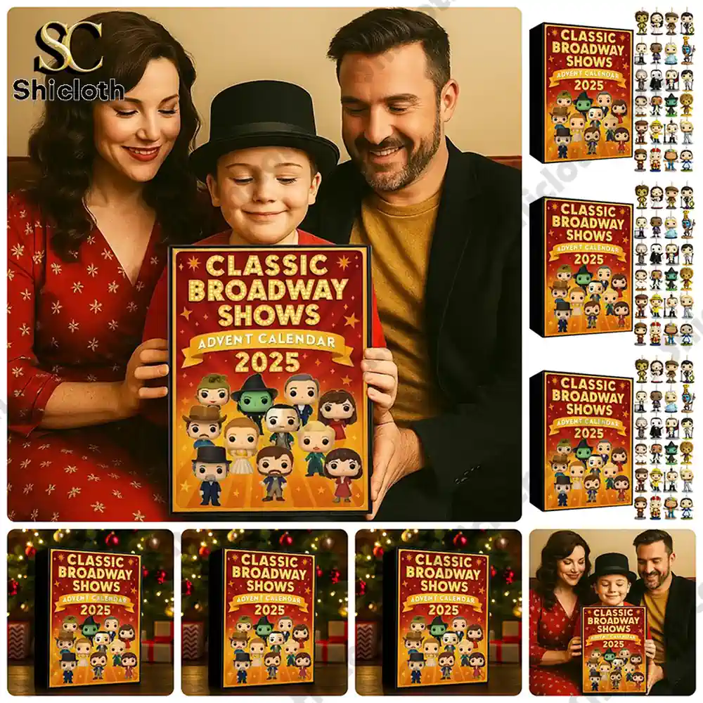 Collage of Classic Broadway Shows 2025 advent calendar with figures and family display.