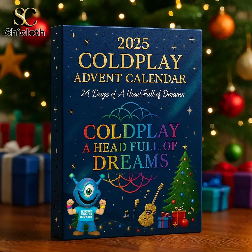Coldplay 2025 advent calendar box with festive design placed near a Christmas tree.