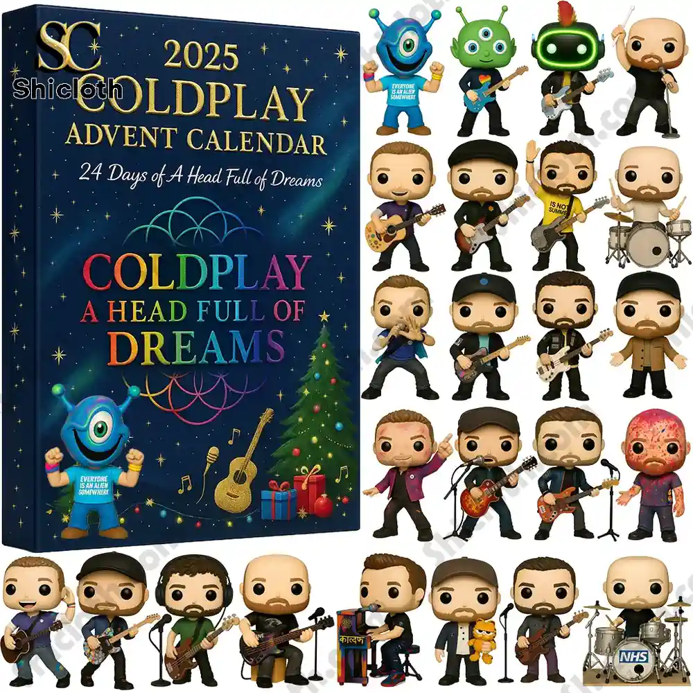 Coldplay 2025 advent calendar with collectible mini figures of band members and themed characters.