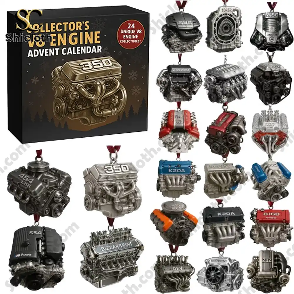 Collector's V8 Engine Advent Calendar with 24 miniature engine ornaments.