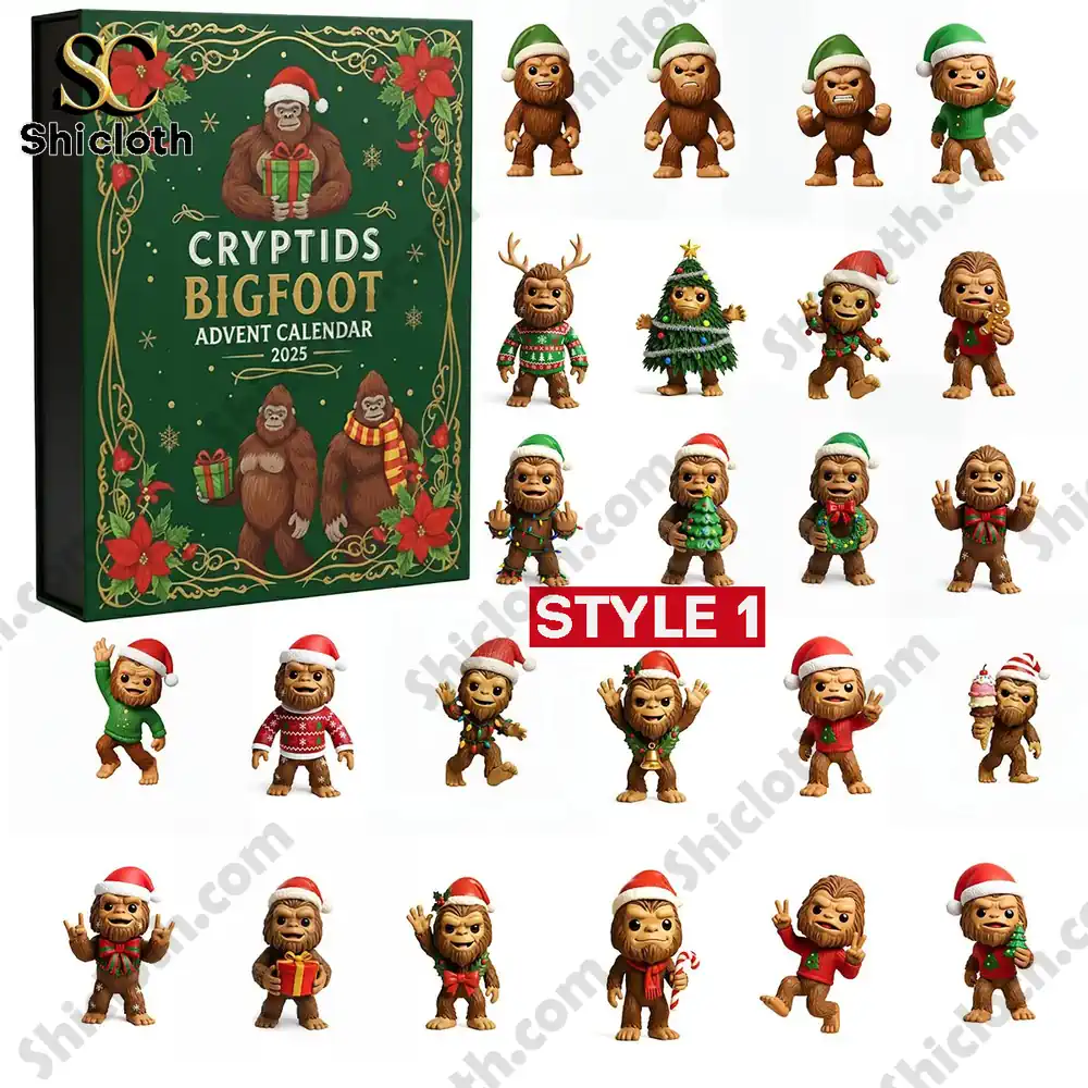 Cryptids Bigfoot Advent Calendar 2025 Shicloth Style 1 with green box and Christmas figurines.