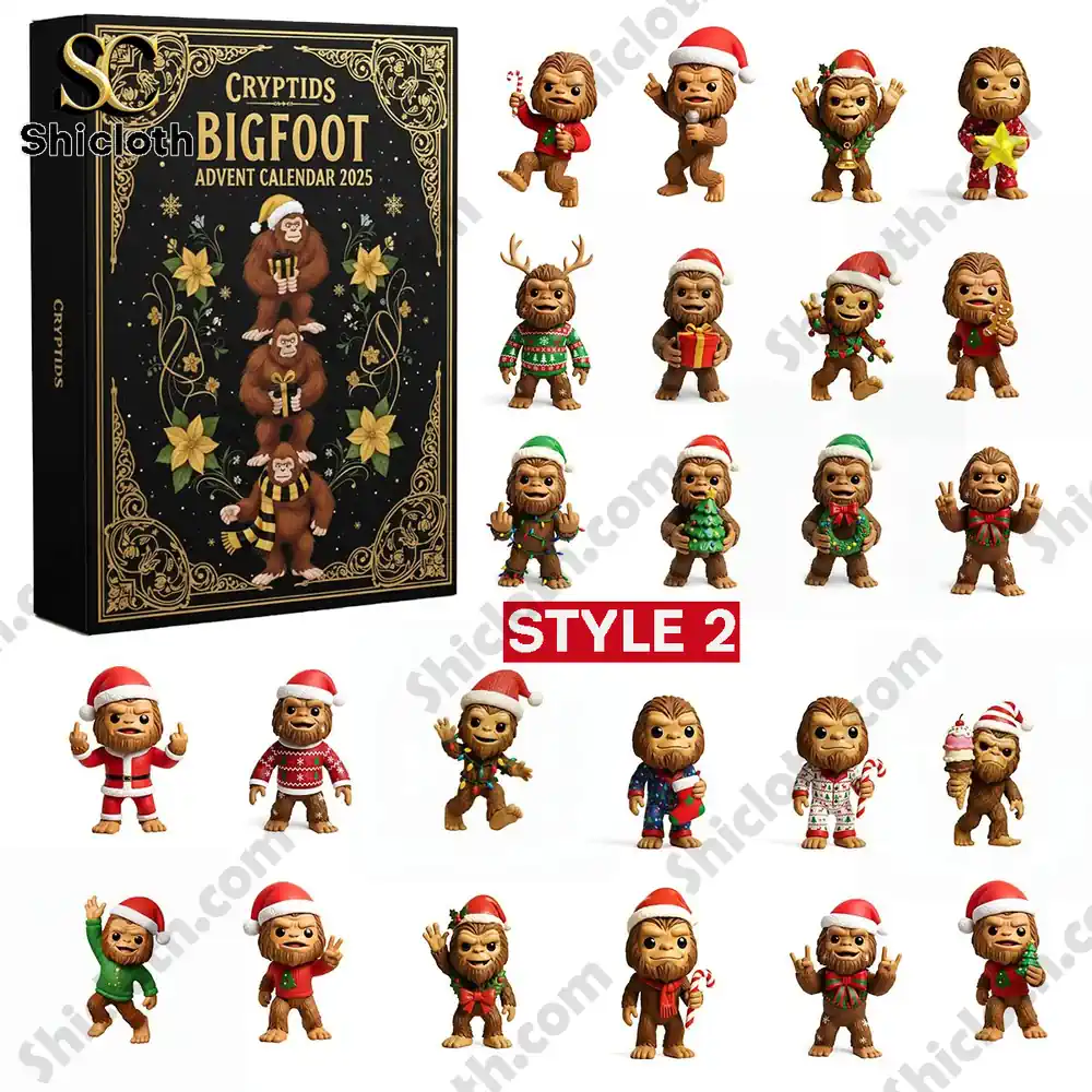 Cryptids Bigfoot Advent Calendar 2025 Shicloth Style 2 with black box and festive Bigfoot figurines.