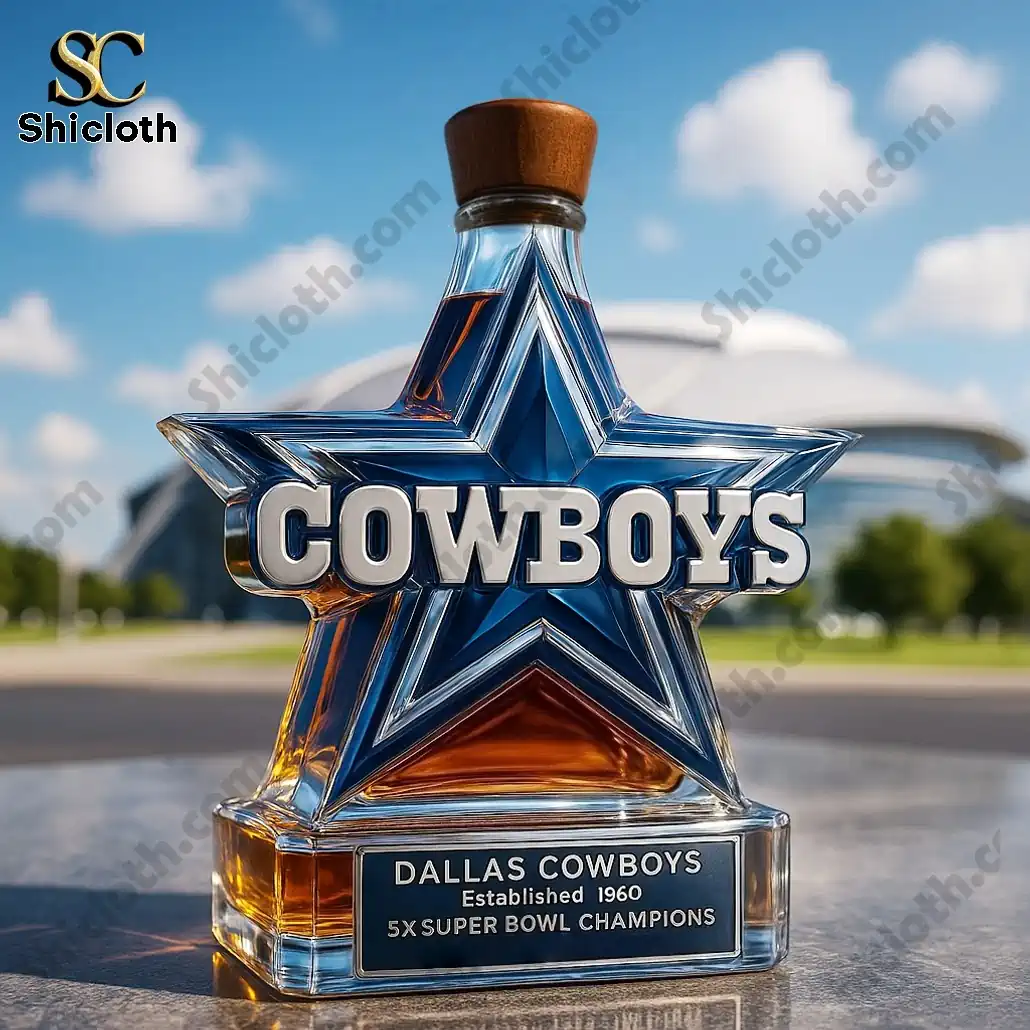 Dallas Cowboys whiskey bottle with wooden cap shaped like a star.