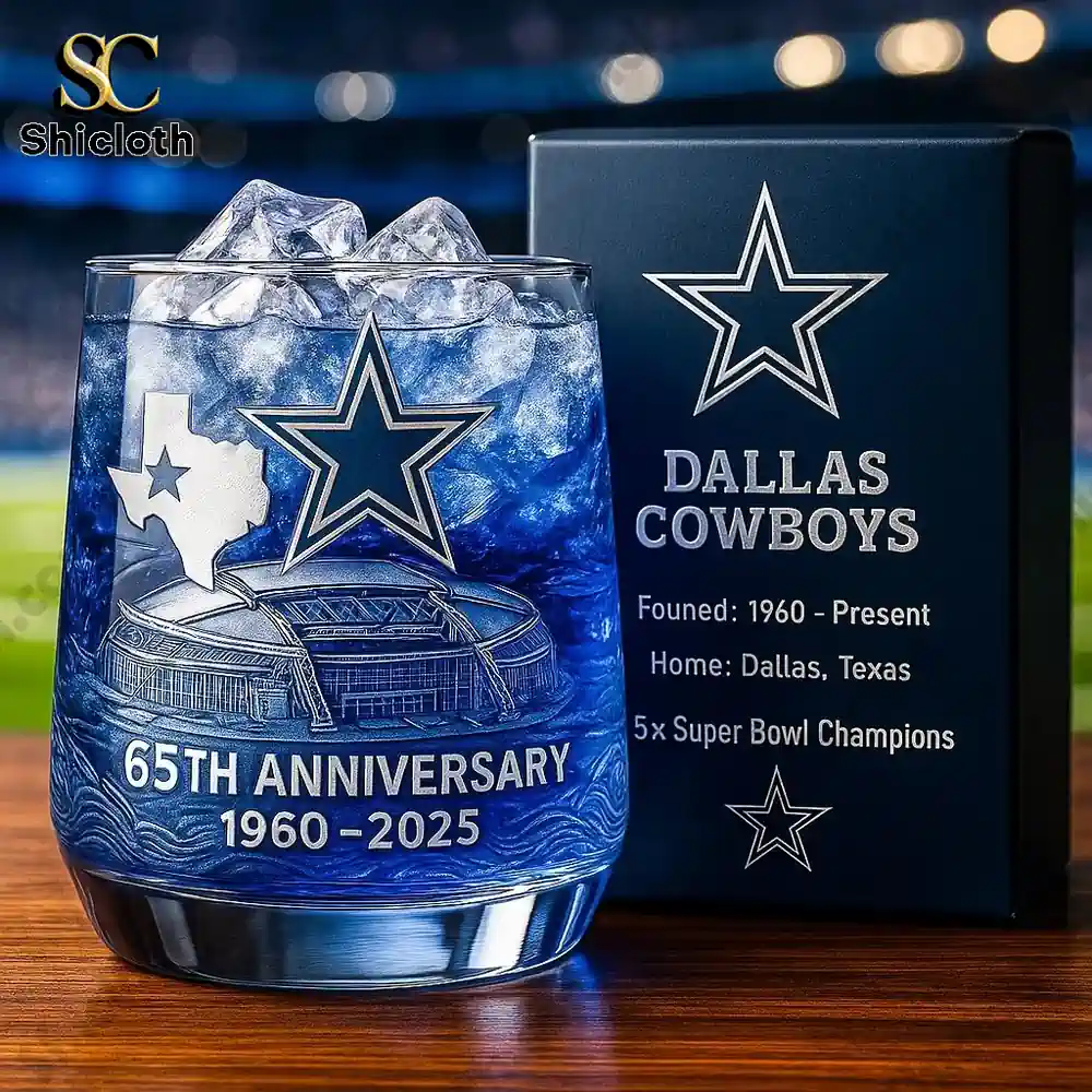 Blue anniversary whiskey glass with stadium engraving by Shicloth