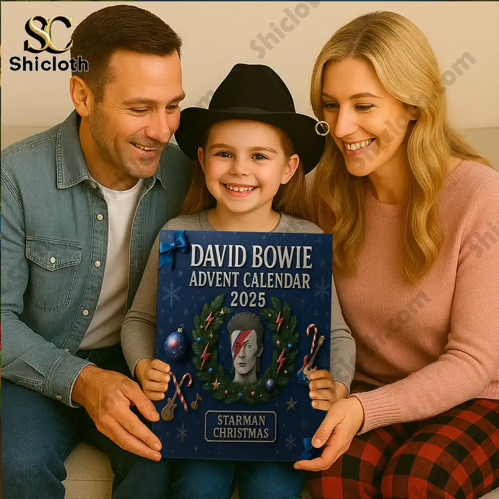Family holding the David Bowie 2025 Advent Calendar Starman edition.