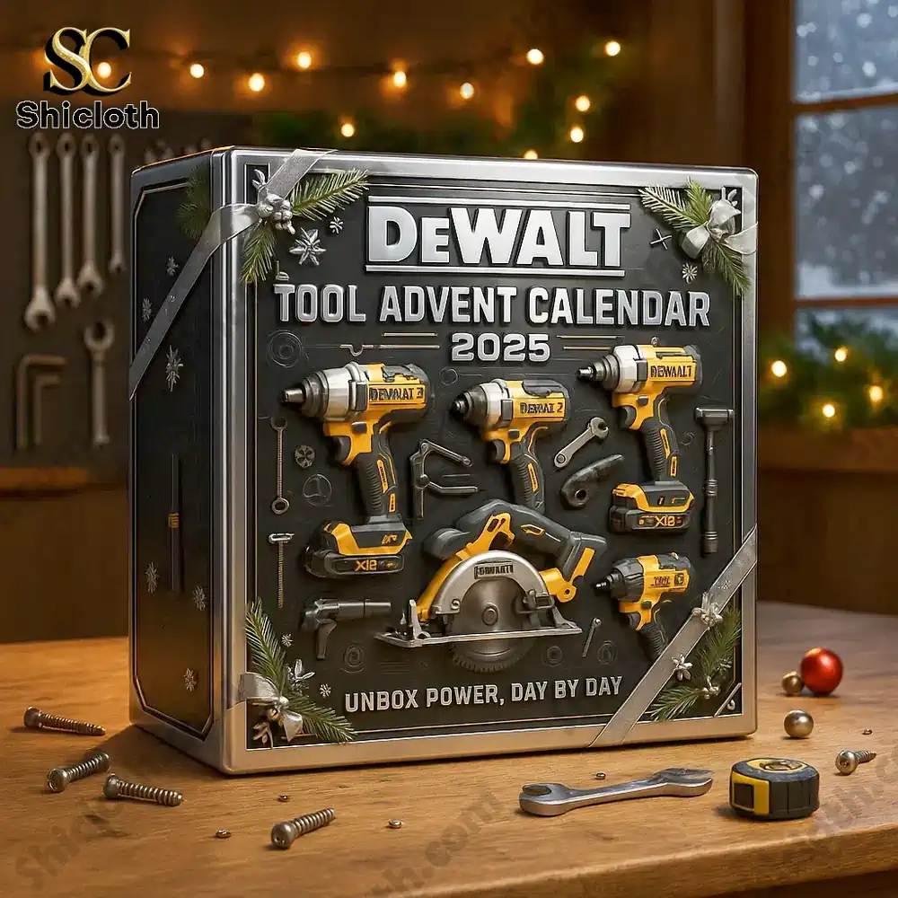 DeWalt Tool Advent Calendar 2025 3 DeWalt Tool Advent Calendar 2025 box displayed in a festive workshop setting.