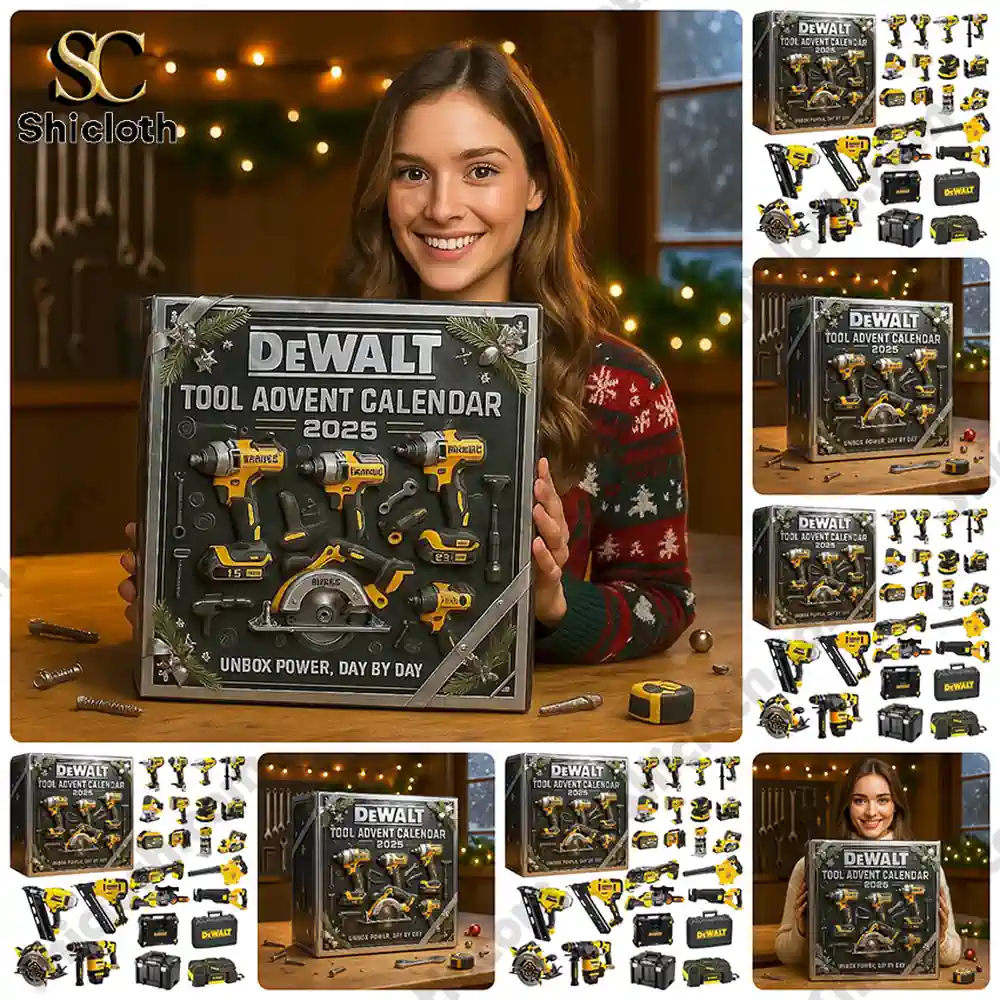 DeWalt Tool Advent Calendar 2025 1 Smiling woman holding DeWalt Tool Advent Calendar 2025 box with collage of tool images.