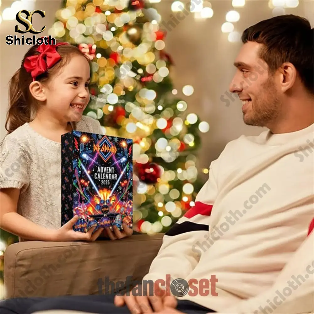 Girl holding Def Leppard Advent Calendar 2025 box with father at Christmas tree!