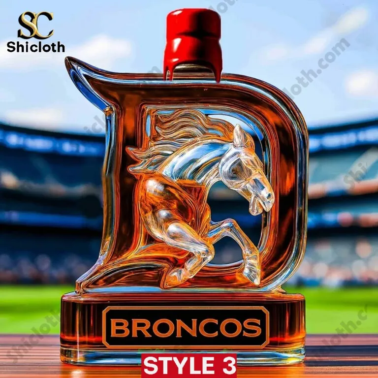 PREMIUM Denver Broncos 2025 Edition Whiskey Bottle 3 Denver Broncos star shaped whiskey bottle with red wax drip cap on a football field!