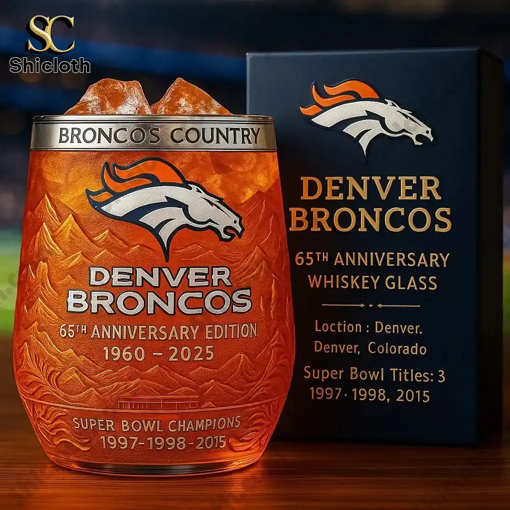 Orange anniversary whiskey glass with horse logo by Shicloth