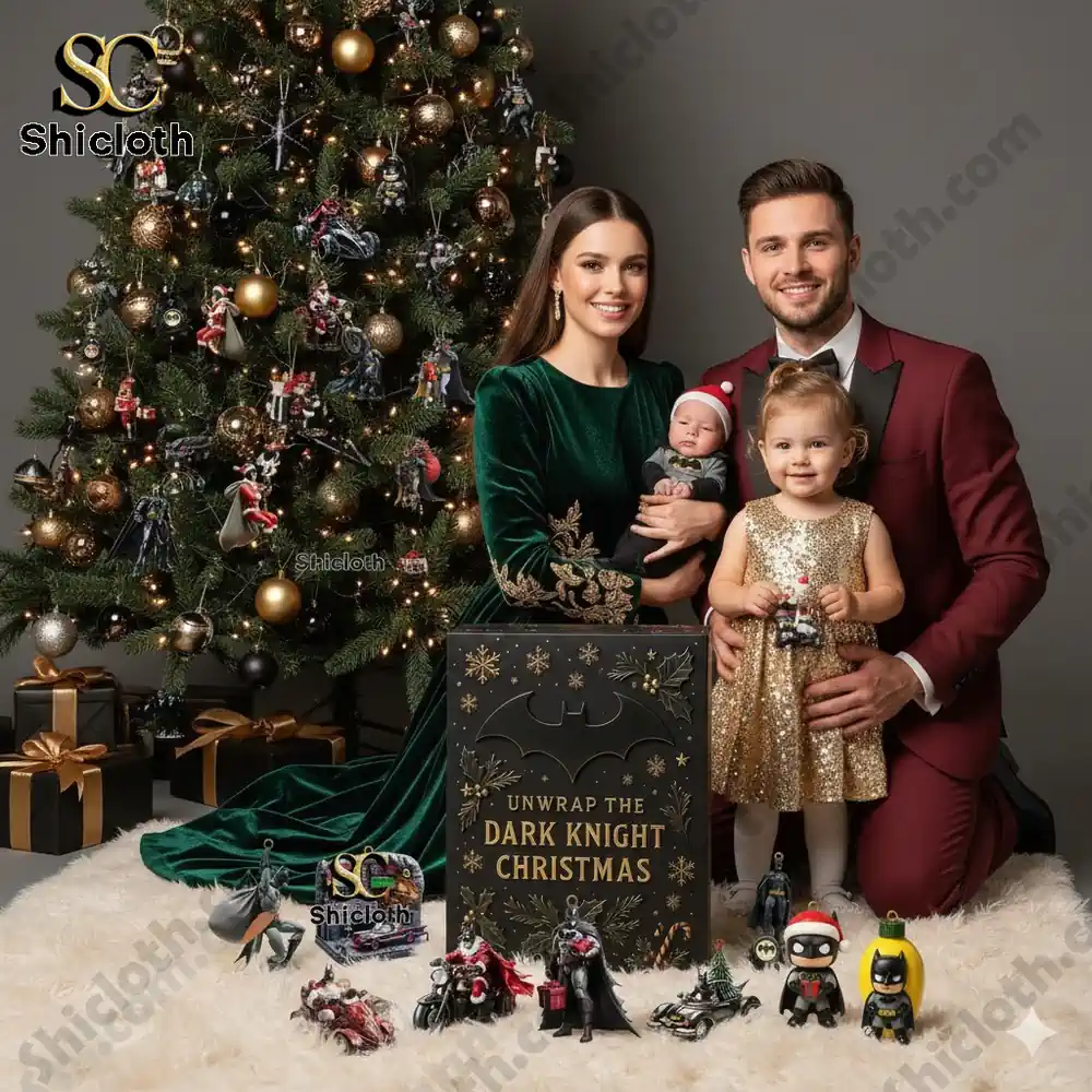 Family posing by Christmas tree with Batman themed advent calendar and ornaments from Shicloth.